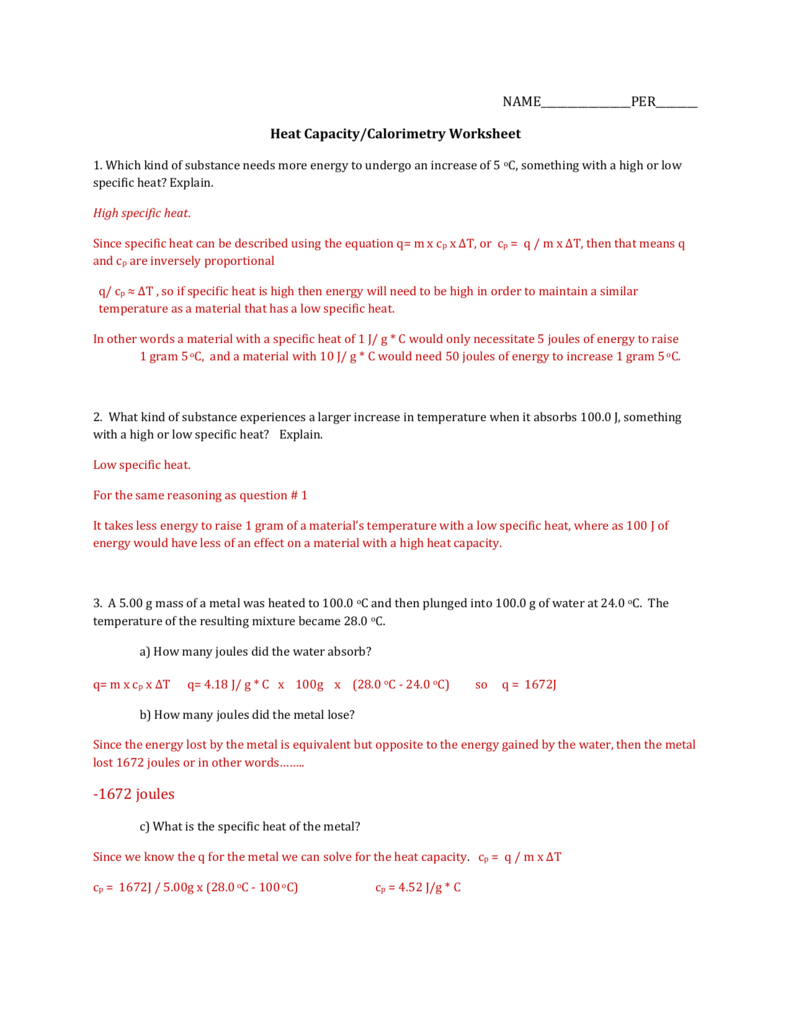 Calculating Specific Heat Worksheet Answers Db excel