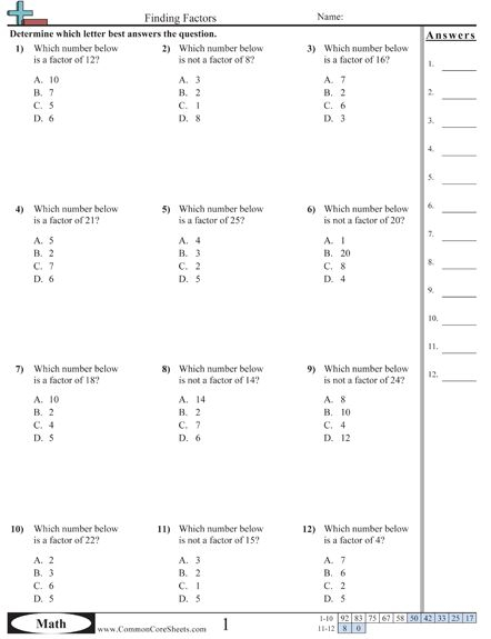 Common Core Worksheets Factors And Multiples Math Worksheets Free 