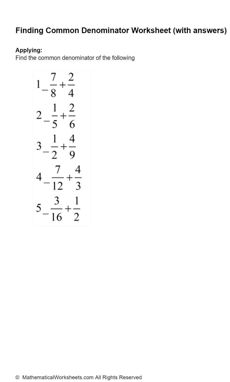 Common Denominators Worksheet