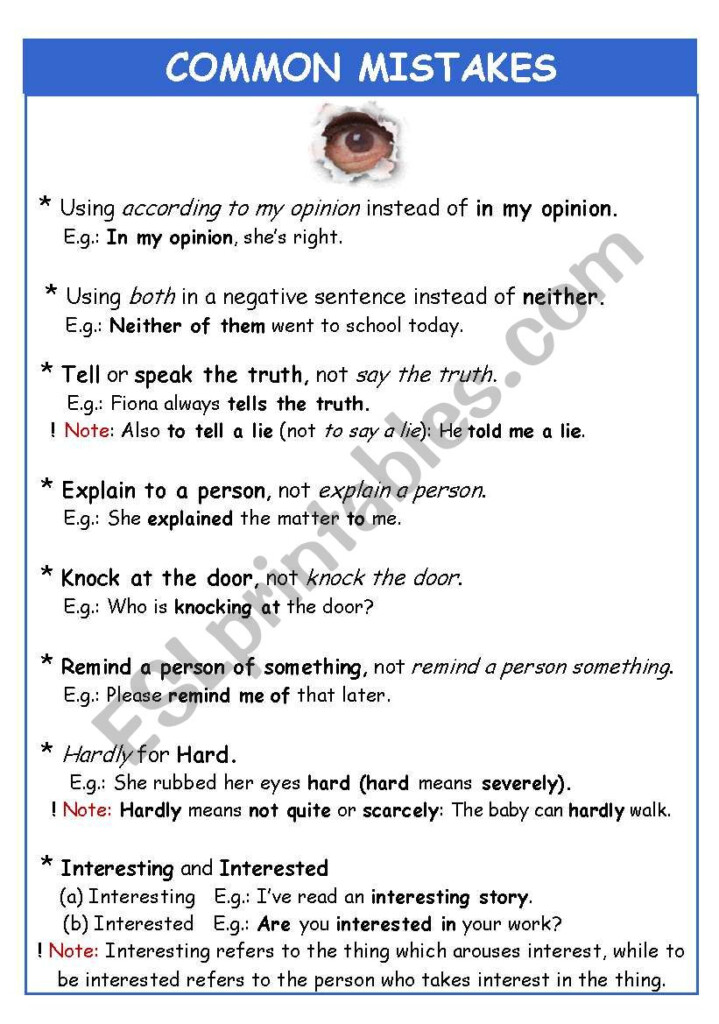 COMMON MISTAKES ESL Worksheet By Vesnushka