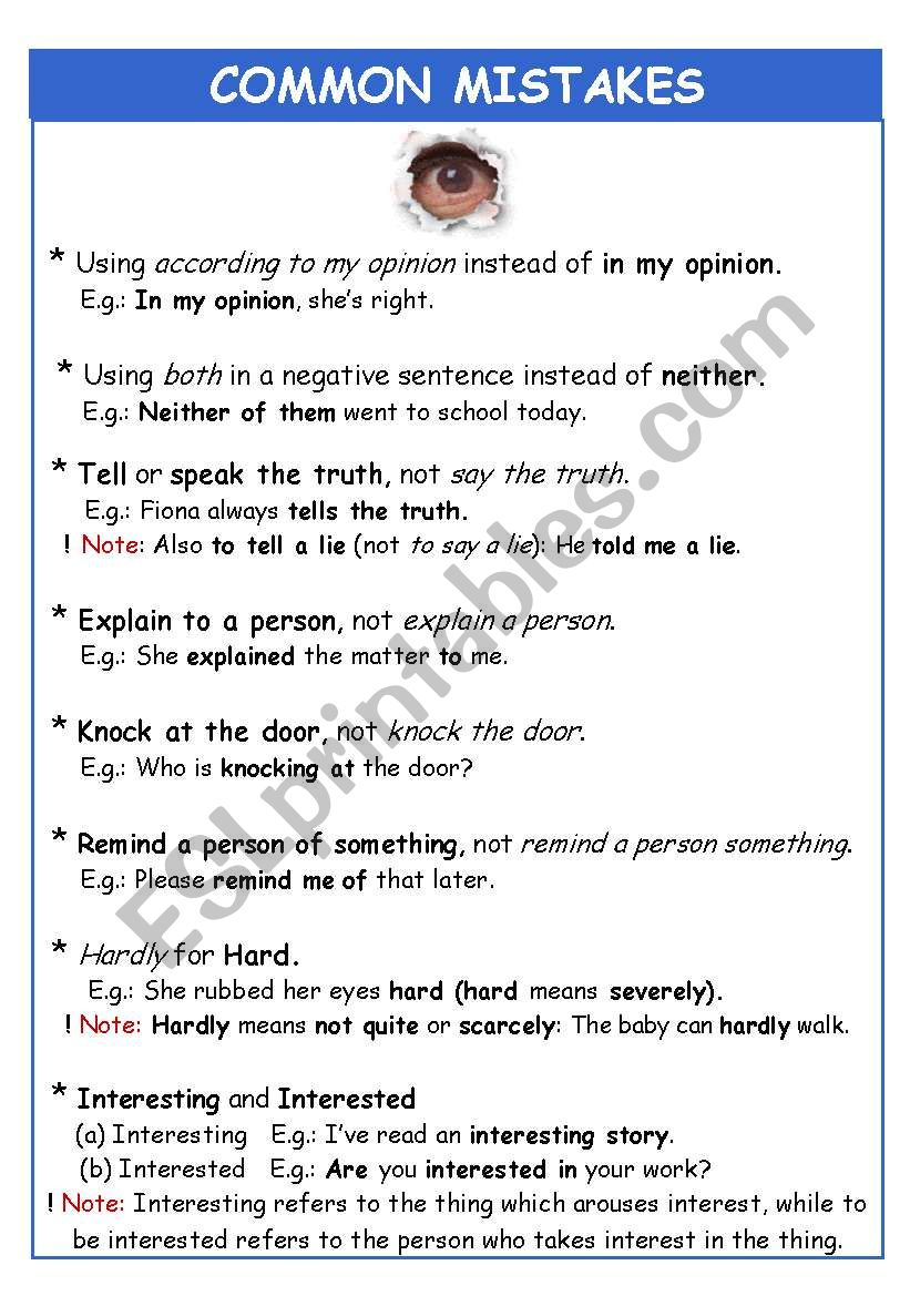 COMMON MISTAKES ESL Worksheet By Vesnushka