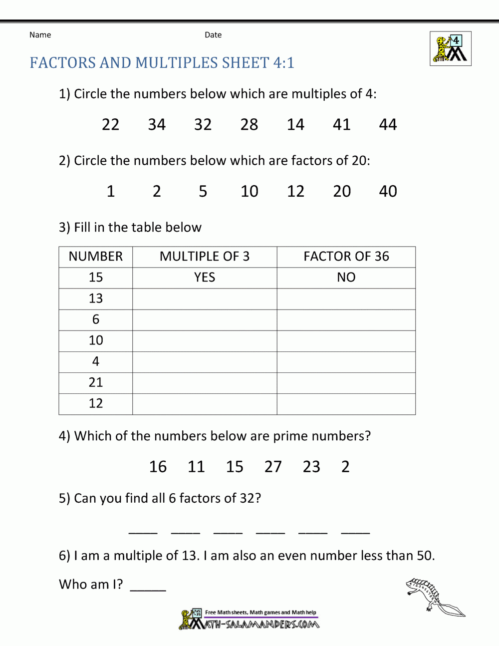 Common Multiples Worksheet