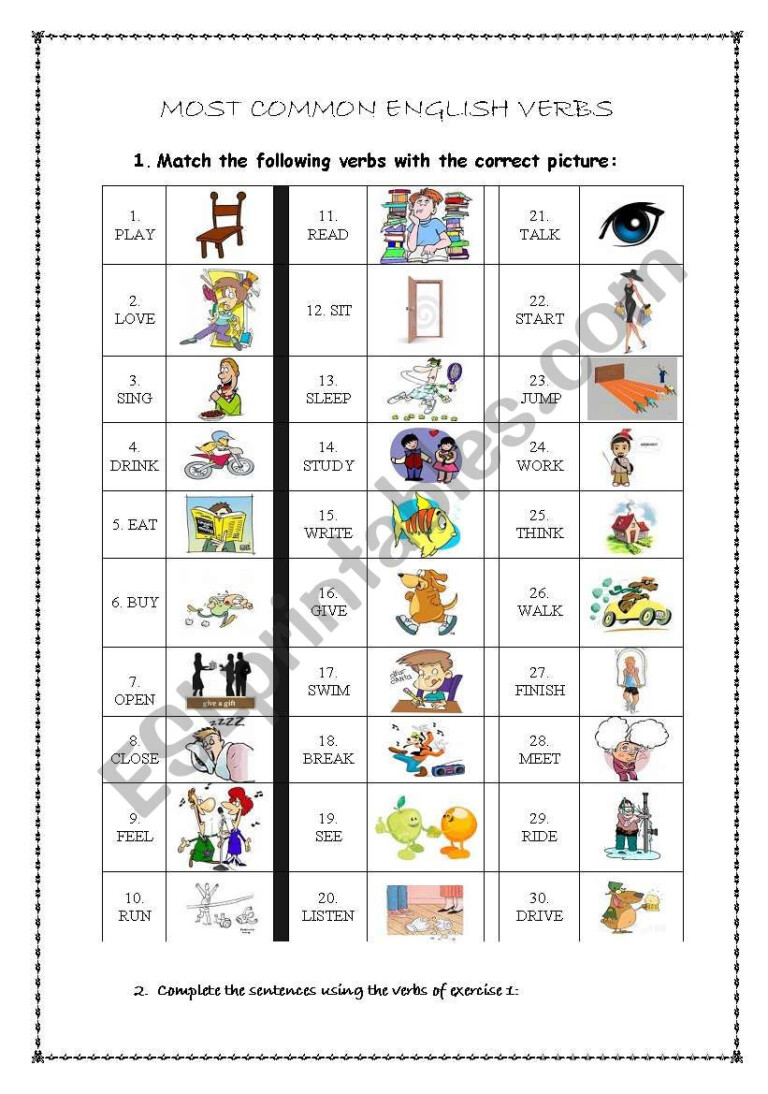 COMMON VERBS ESL Worksheet By Xeili - CommonWorksheets.com