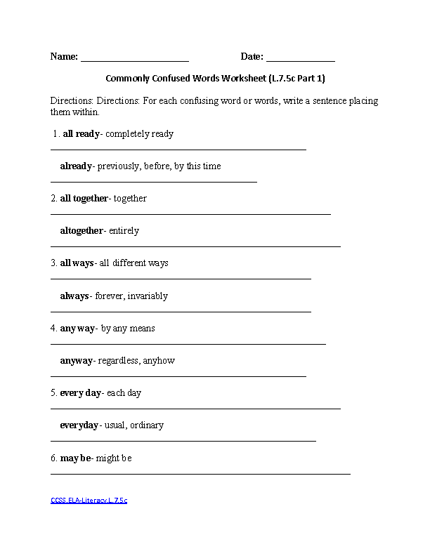 Commonly Confused Words 1 ELA Literacy L 7 5c Language Worksheet 