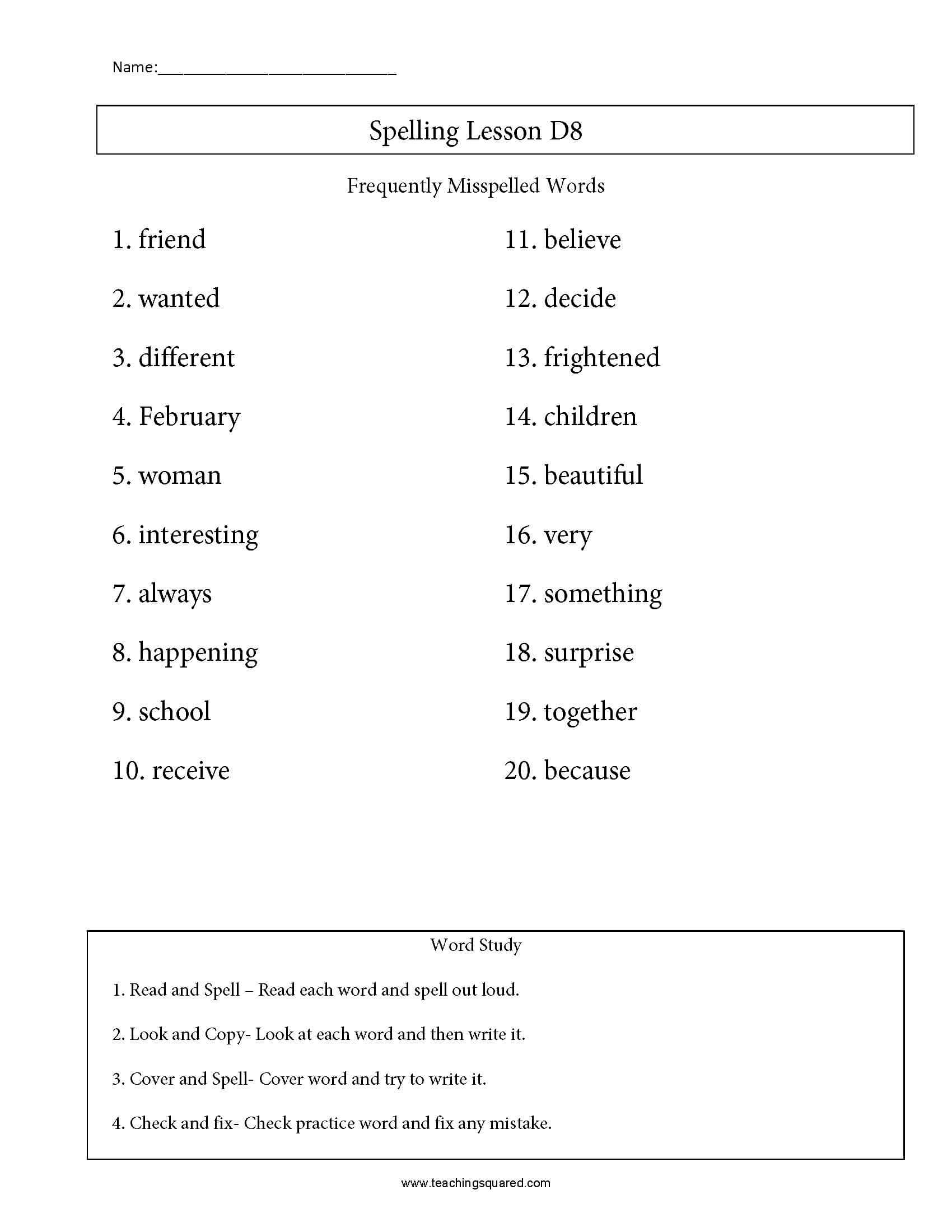 Commonly Misspelled Words Worksheet