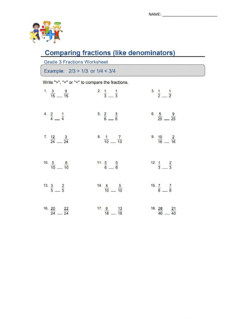 Comparing Fractions With Like Denominators Worksheet Common Core 