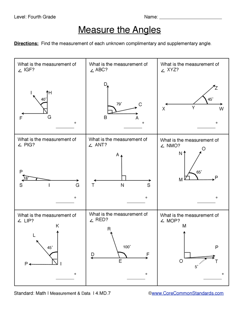 Complementary Angle Worksheets