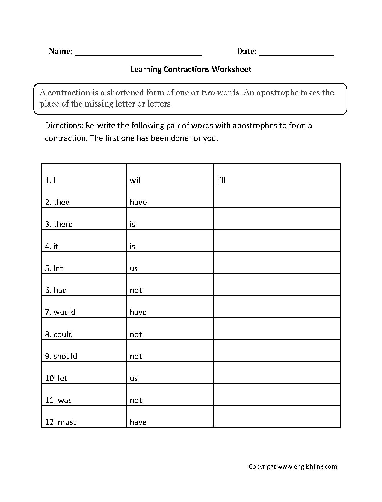 Contractions Worksheet High School Pdf