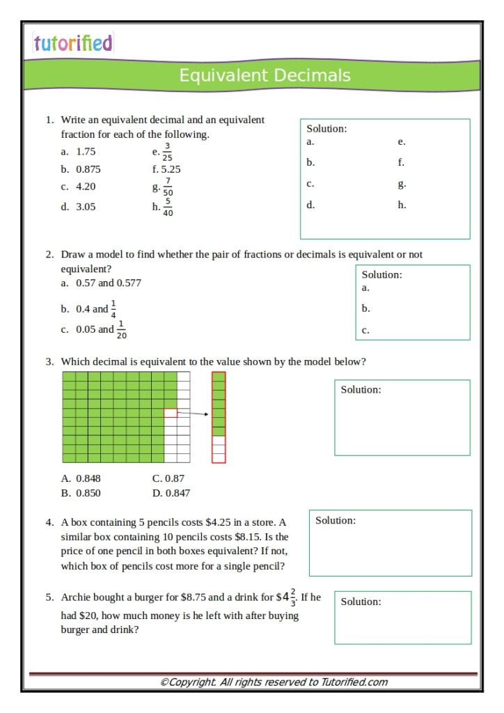 Convert Fractions To Decimals Grade 5 Worksheet Pdf Worksheets 