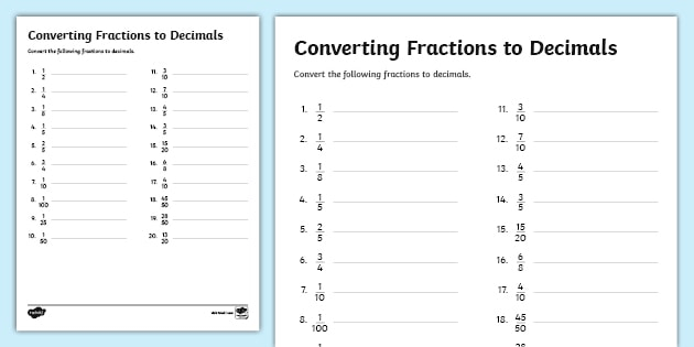 Converting Fractions To Decimals Worksheet Math Learning