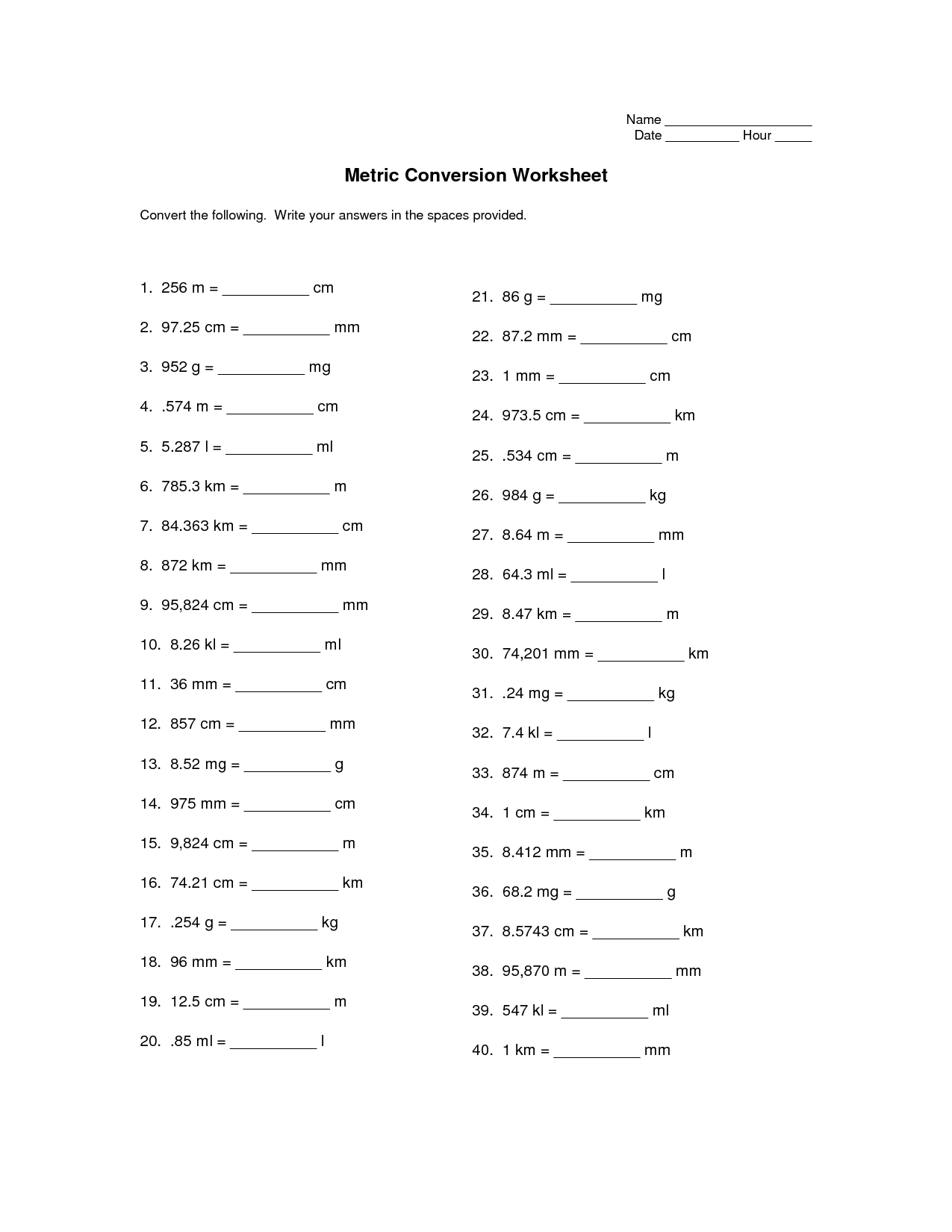 Converting Units Of Length Worksheet