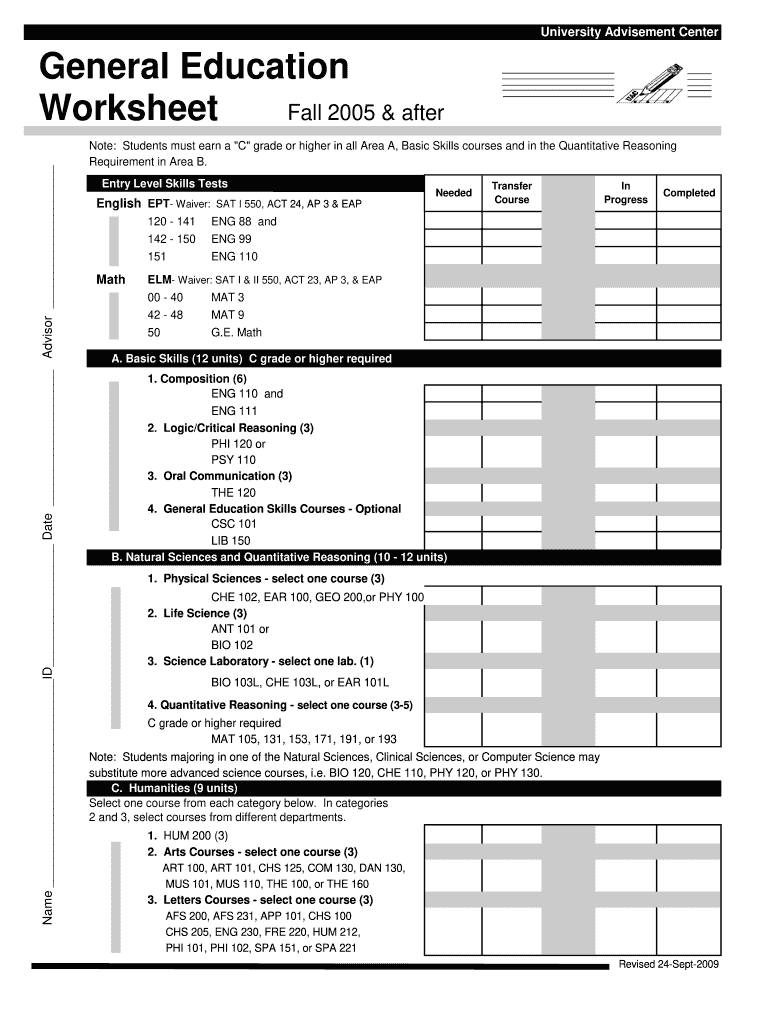 CSUDH General Education Worksheet 2009 Fill And Sign Printable 