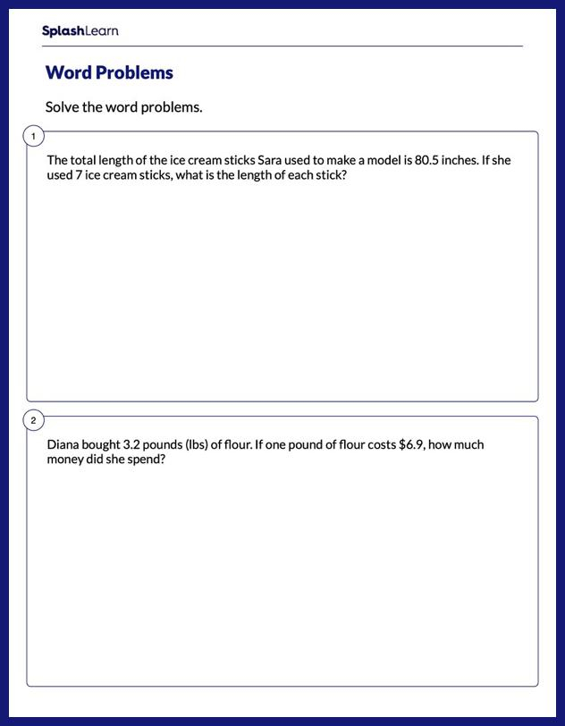 Decimal Word Problems On Multiplication Division Math Worksheets 