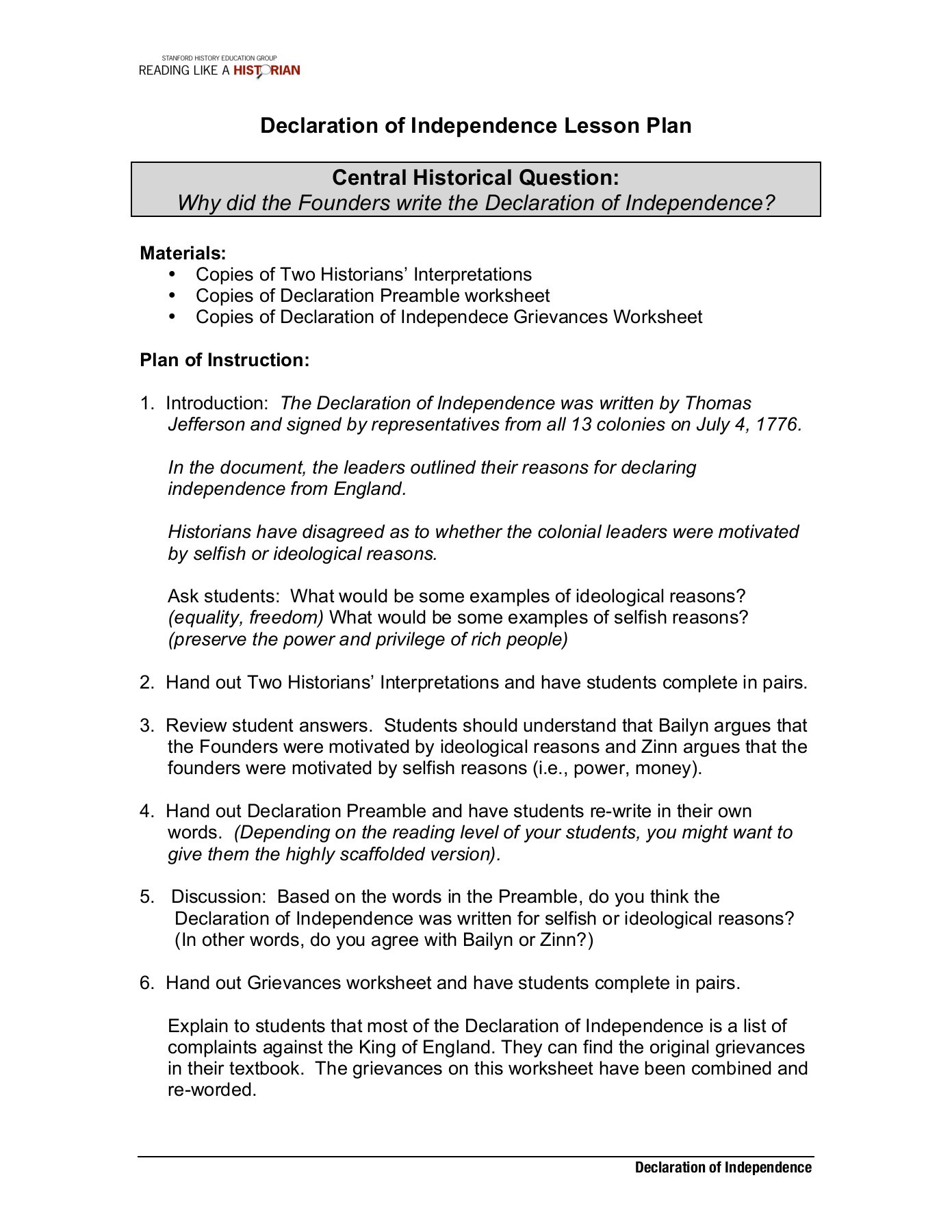 Declaration Of Independence Worksheet Answers