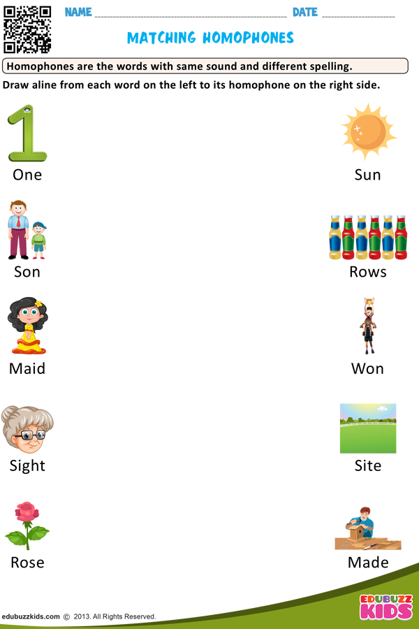 English Match Homophones Worksheets For The Kids Of Grade1 With Common 