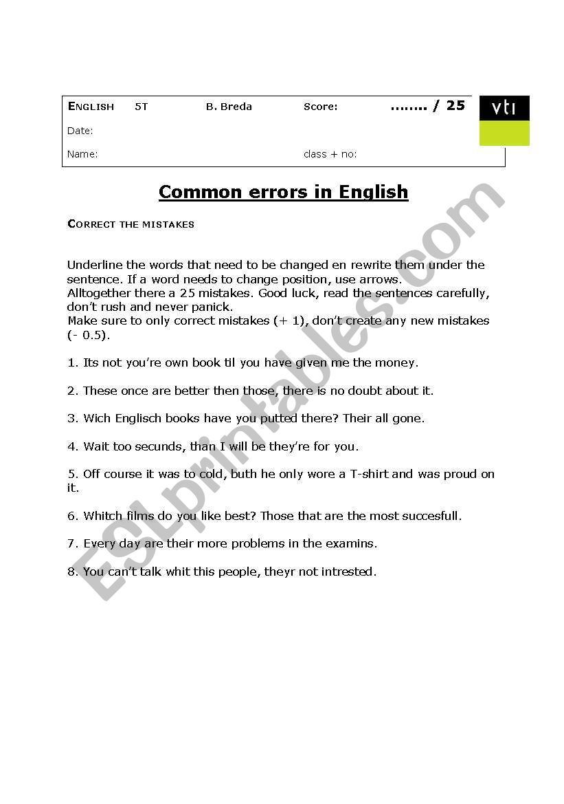 English Worksheets Common Errors