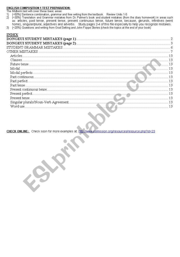 English Worksheets Common Errors