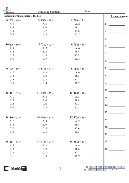 Estimating Quotients Worksheets With Answers