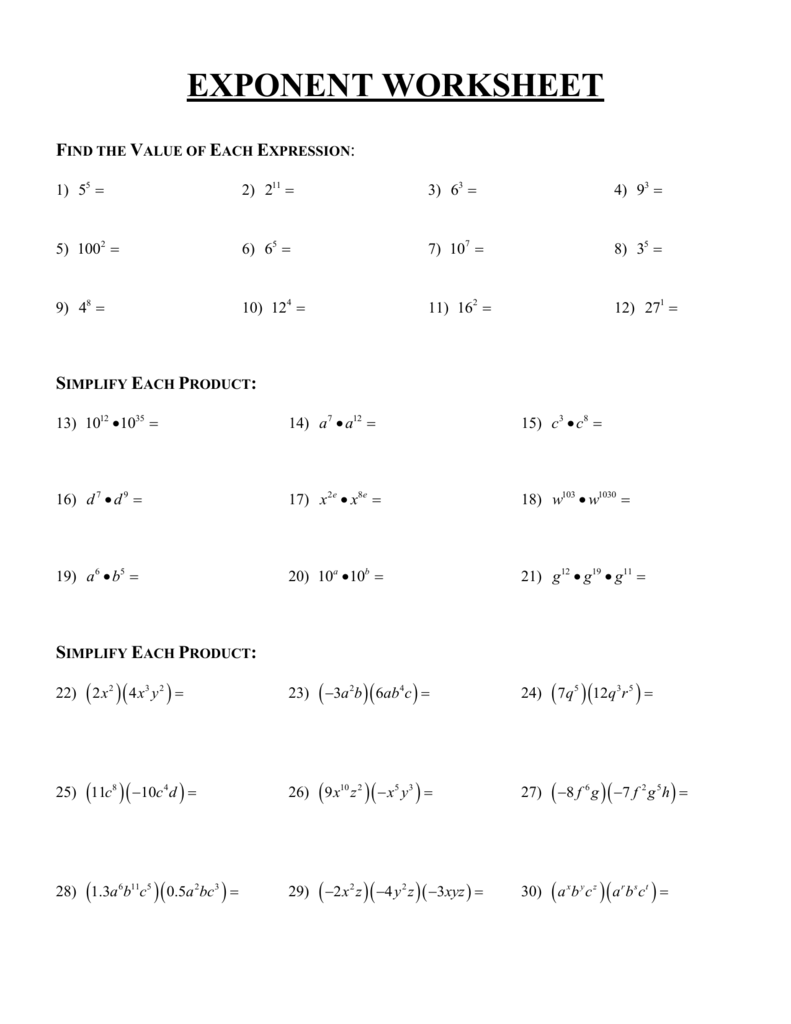 Exponents Worksheets