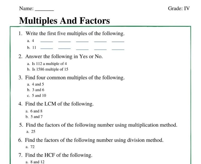 Factors And Multiples Worksheet For Grade 4 With Answers Pdf Img oak
