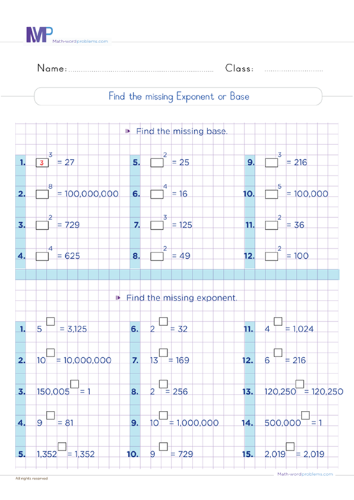 Find The Missing Exponent Or Base Grade 6