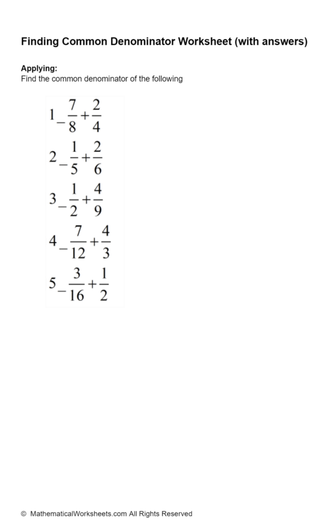 Finding Common Denominator Worksheet with Answers 