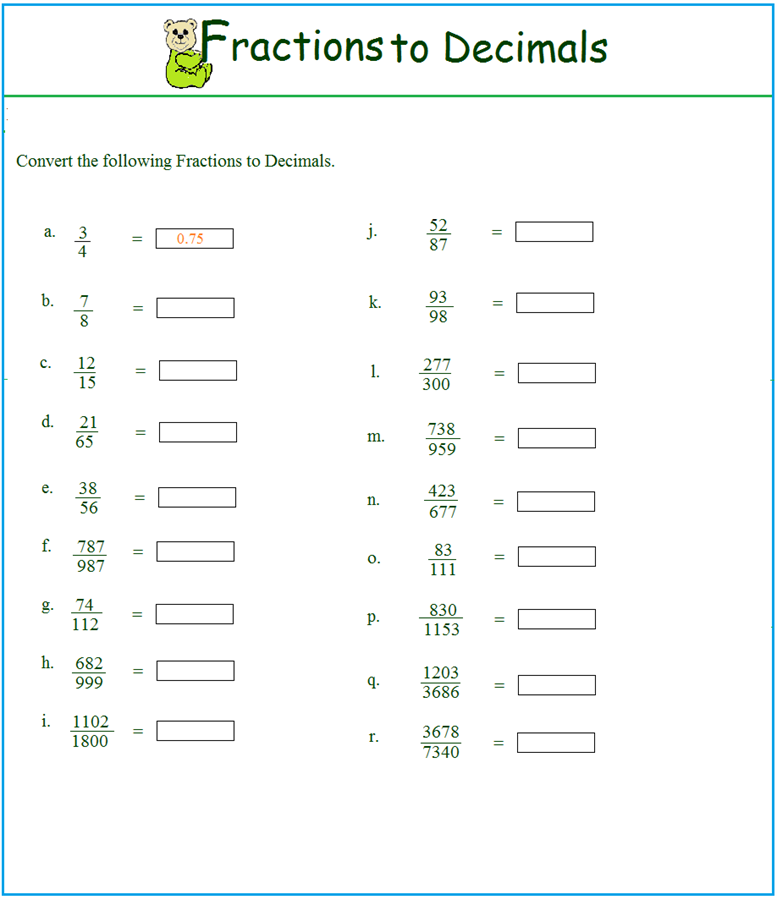 Fraction To Decimal Worksheets