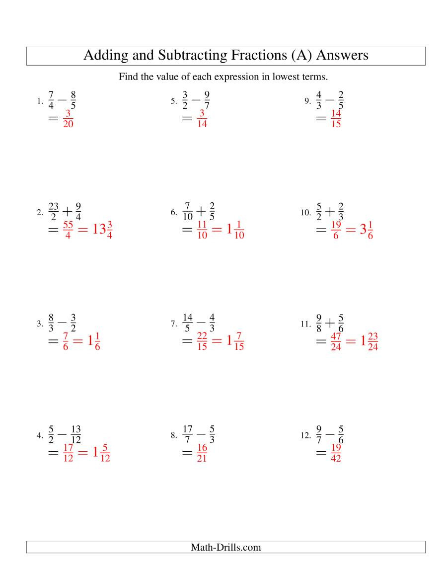 Fractions With Unlike Denominators Worksheet