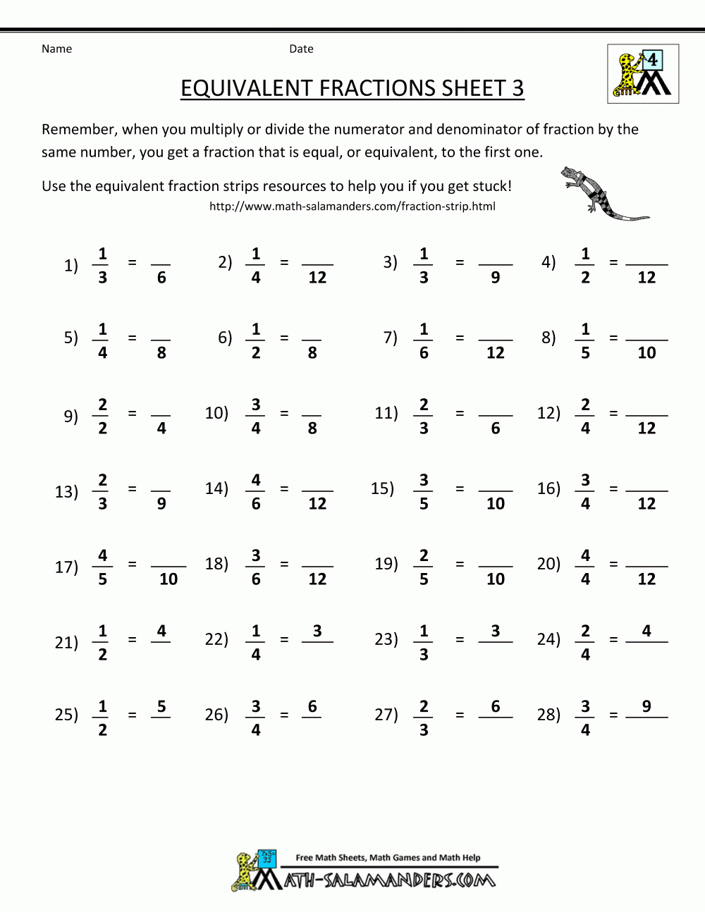 Free Fraction Sheets Equivalent Fractions 3 studentteaching 4Th