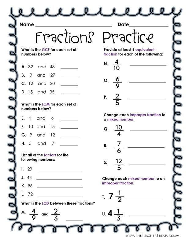FREE Fractions Practice GCF LCM LCD Mixed Numbers Equivalent And