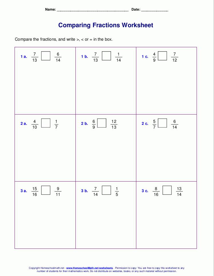 Free Worksheets For Comparing Or Ordering Fractions Ordering 
