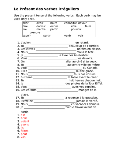 French Irregular Present Tense Verbes Irr guliers Au Pr sent Worksheet 