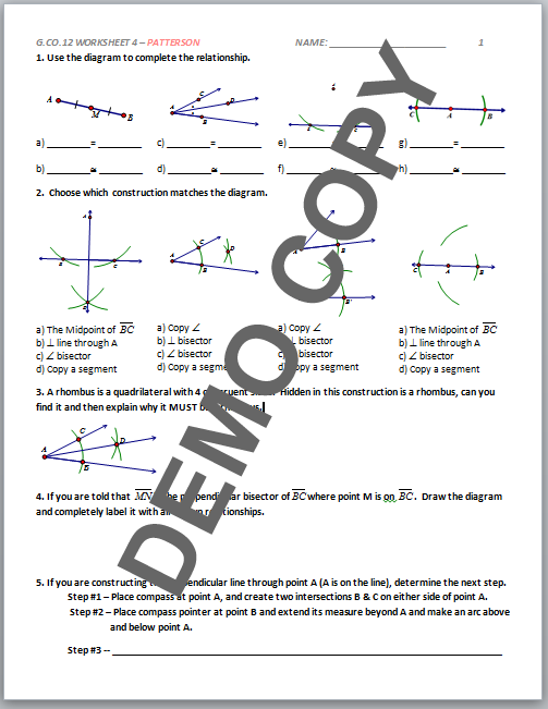 G Co A 2 Worksheet 1 Answers Geometry Common Core Common Core Worksheets