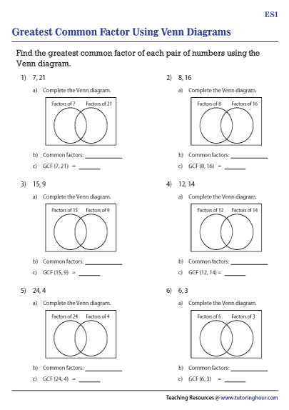 GCF Using Venn Diagram Worksheets