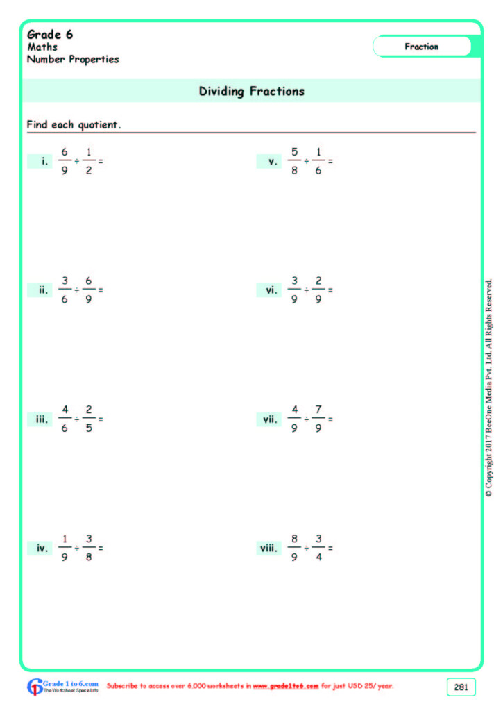 Grade 6 Dividing Fractions Worksheets www grade1to6