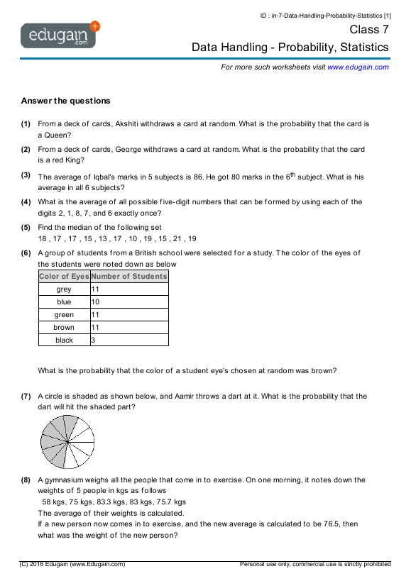 Grade 7 Data Handling Probability Statistics Math Practice Adding And