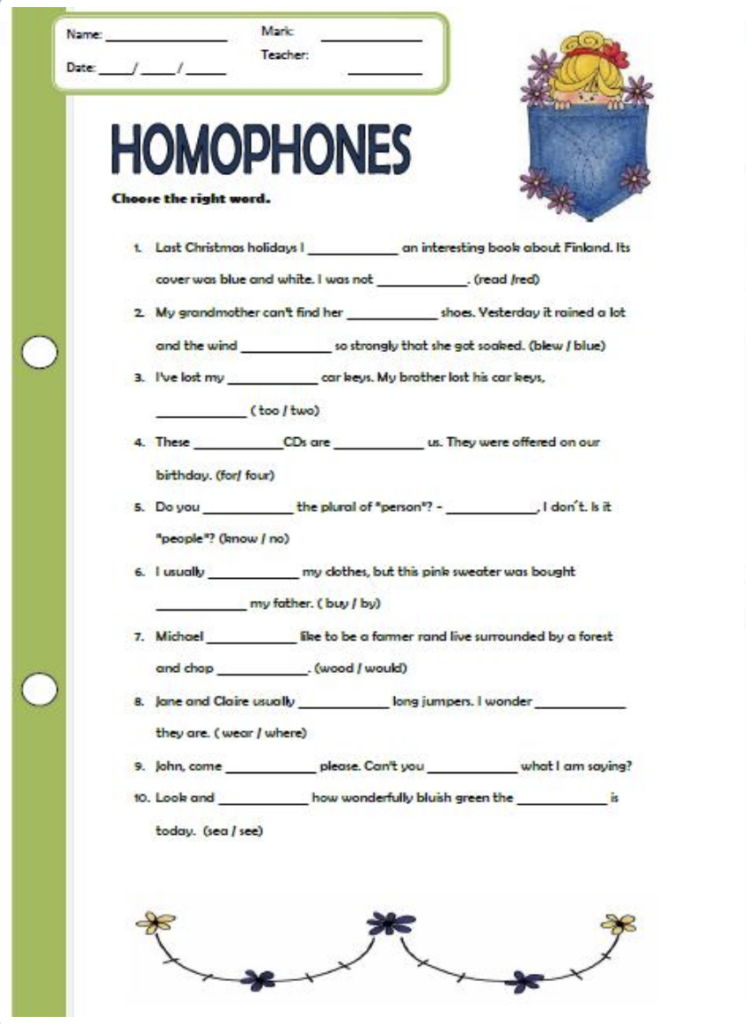 Grade One Grammar Worksheets Phonics Homonyms Activities Parts Of 