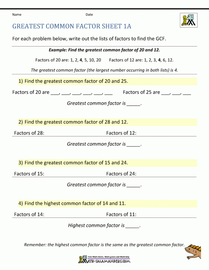 Greatest Common Factor Easy Worksheets 99Worksheets
