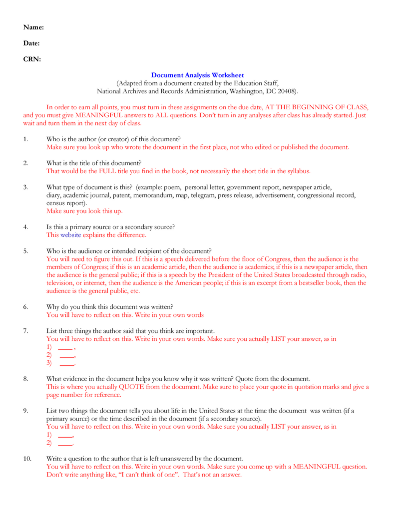 Guidelines Document Analysis Worksheet Name Date CRN Document 