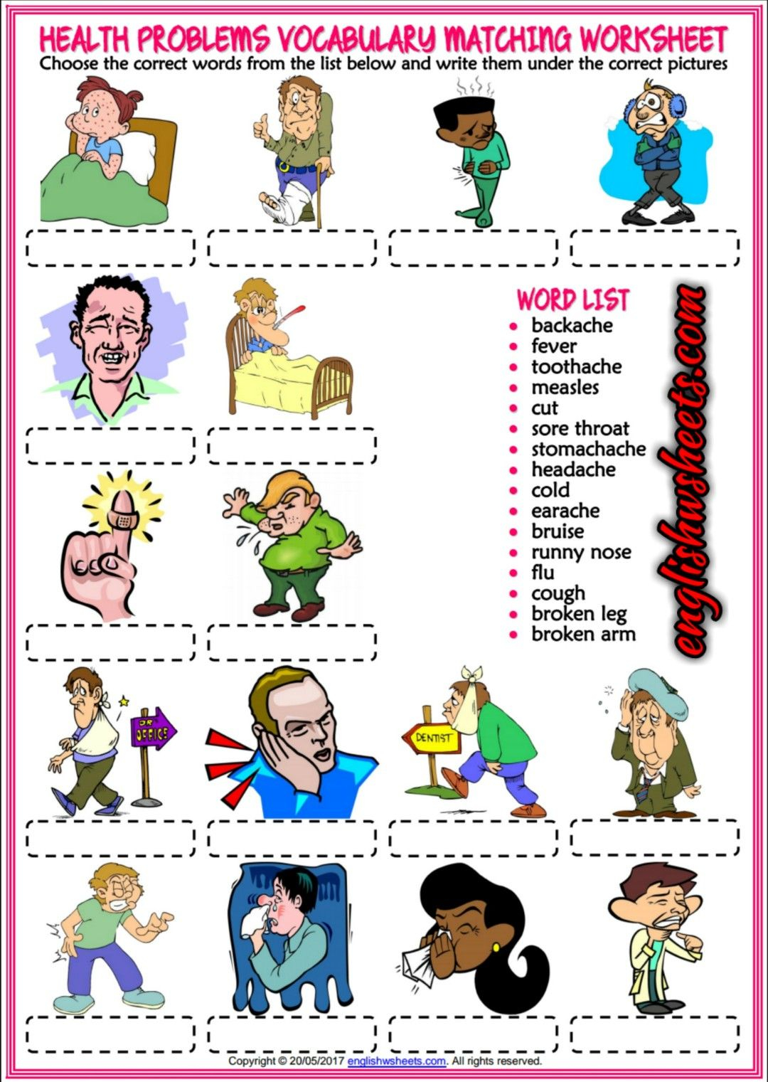 Health Problems ESL Vocabulary Matching Exercise Worksheet Worksheets 