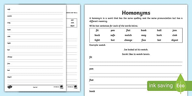 Homonyms Double Meanings Worksheet