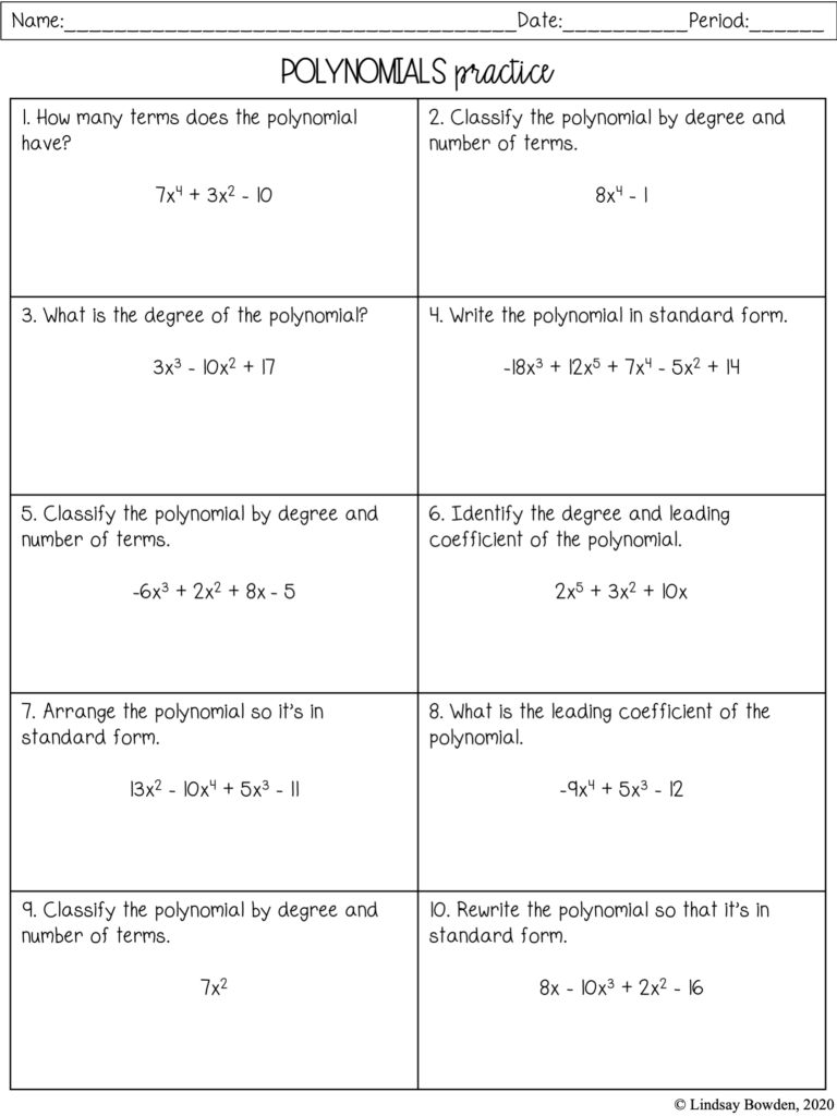 Intro To Polynomials Notes And Worksheets Lindsay Bowden