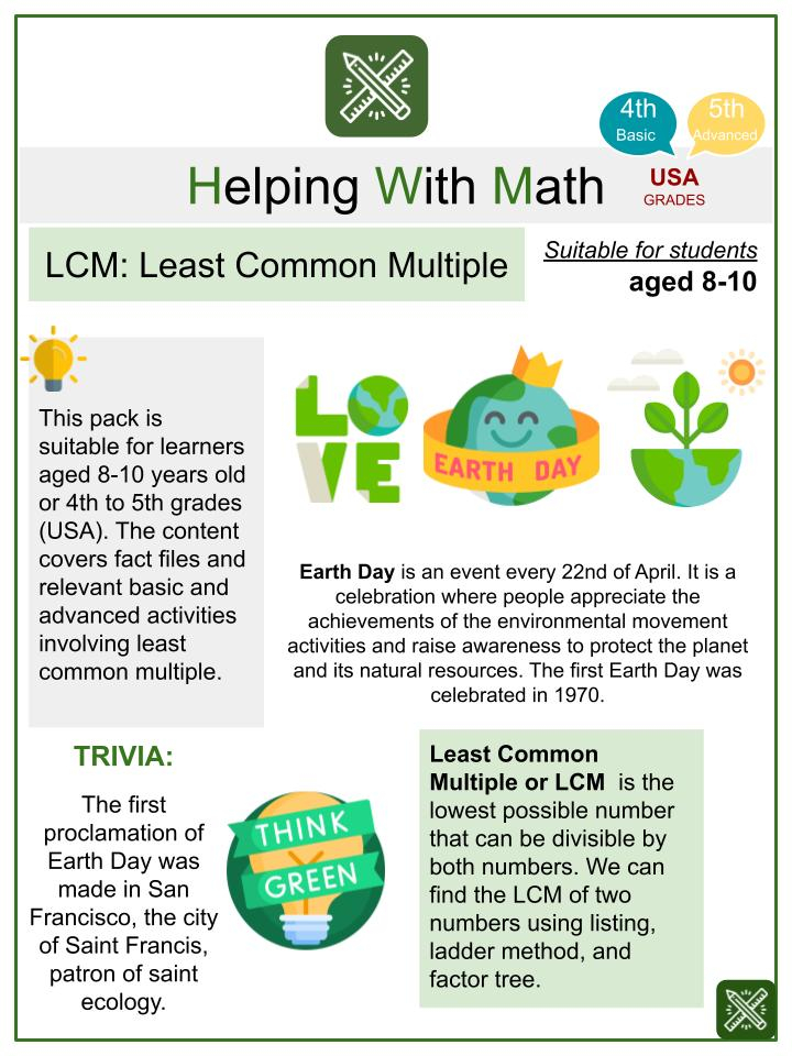 LCM Least Common Multiple Earth Day Themed Math Worksheets