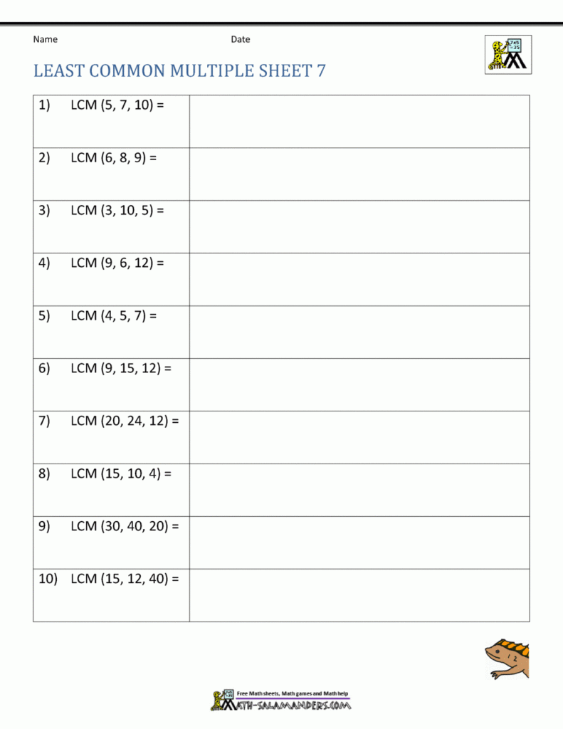 Least Common Multiple Worksheets Page