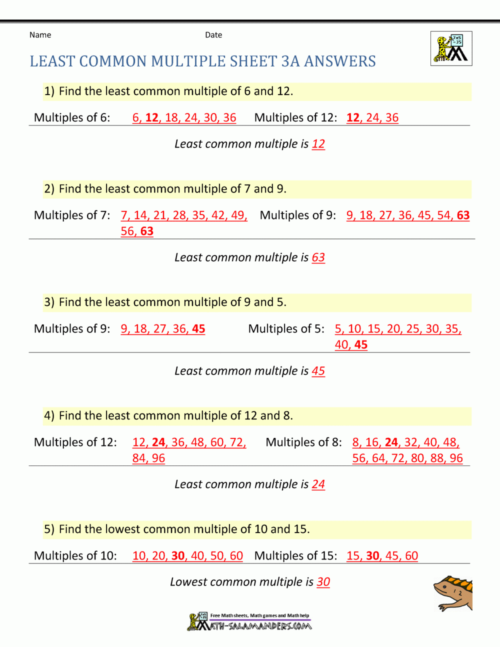 Least Common Multiple Worksheets With Answer Key Times Tables Worksheets