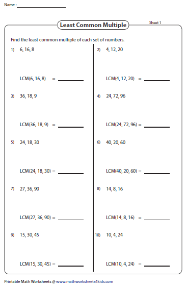 Least Common Multiple Worksheets