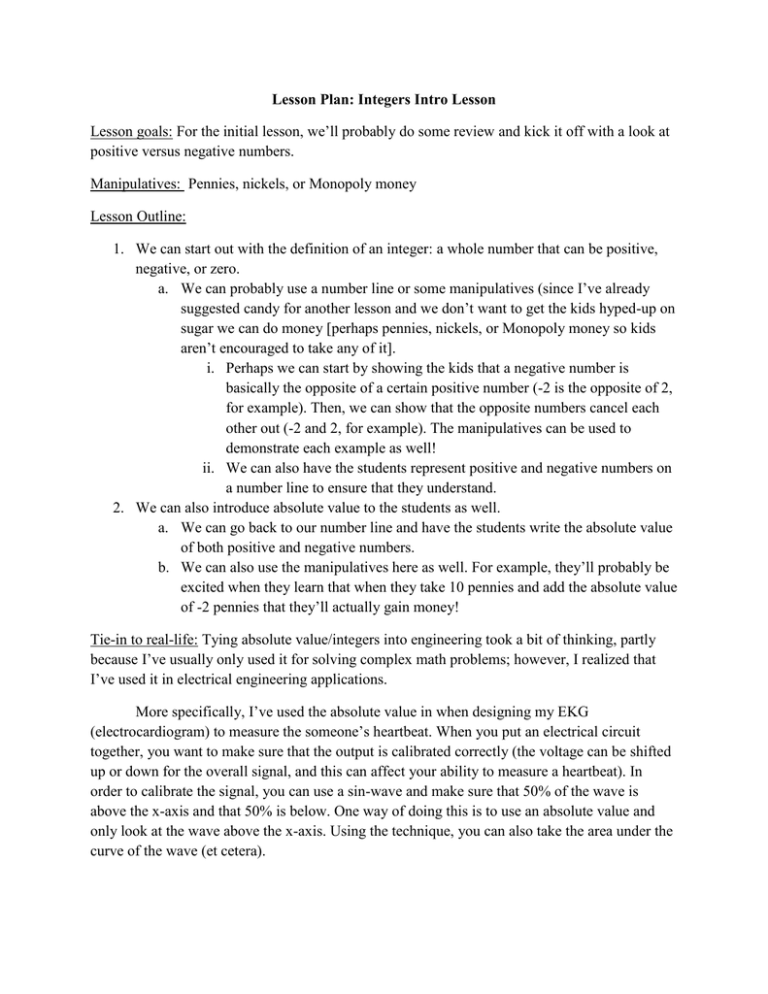 Lesson Plan Integers Intro Lesson Positive Versus Negative Numbers