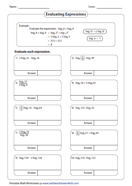 Logarithm Worksheet With Answers