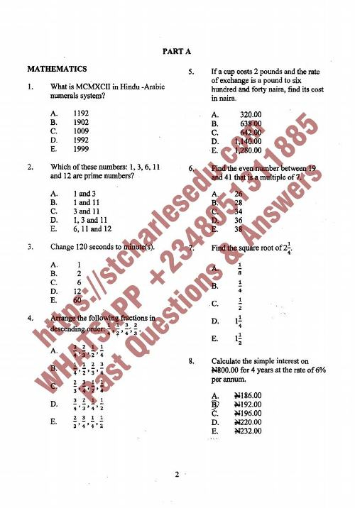 Mathematics Common Entrance Past Questions Into Federal Govt School PDF