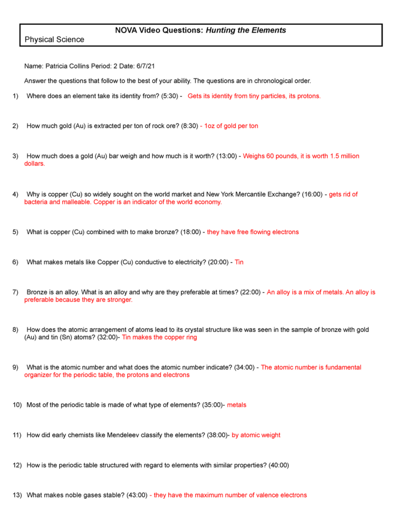 Nova Hunting The Elements Worksheet